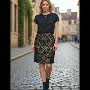 Black Gold Brocade Pencil Skirt | Work Office Evening Outing | Sz 14